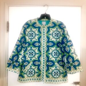 Chico's Jacket Women's Sz 12 Teal Chartreuse Royal Blue Flare 3/4 Sleeves Tribal
